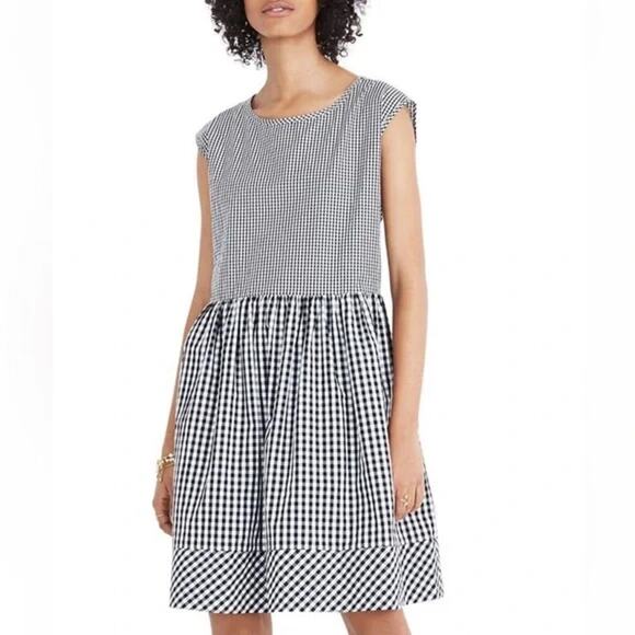 Madewell Gingham Shift Dress Black White Large Ruffle Sleeveless - Picture 1 of 9